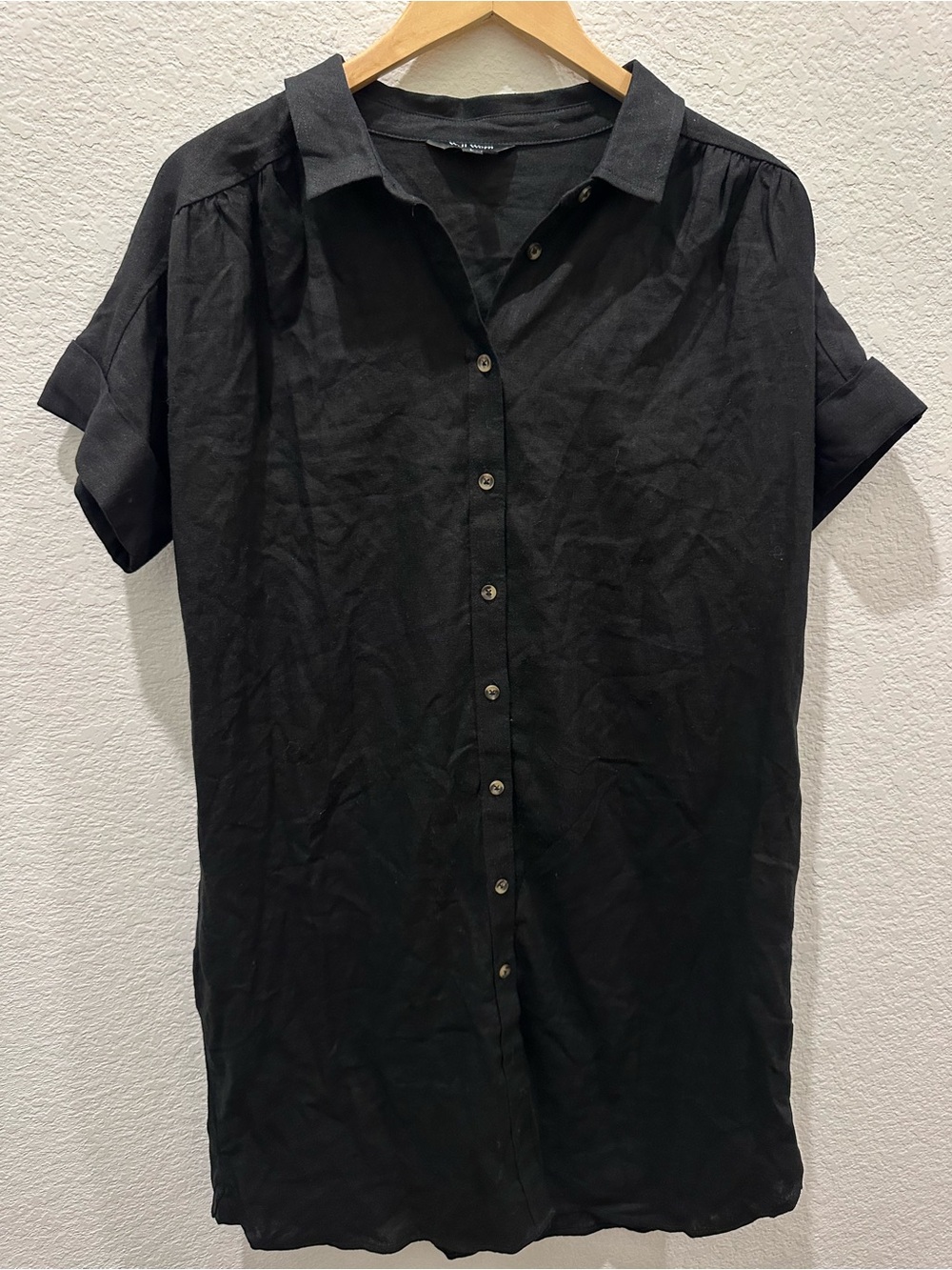 Well Worn Black Linen Blend Short Sleeve Button Down Shirt Dress Womens Large